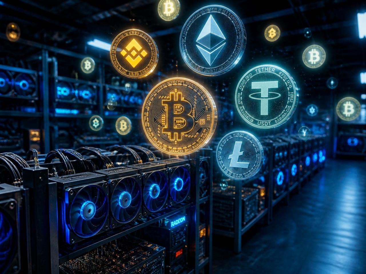 Cryptocurrency mining farm with rows of mining rigs and ASIC miners